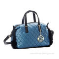 Blue Genuine Fur Trimmed Quilted Nylon Tote Bag with PU Lea
